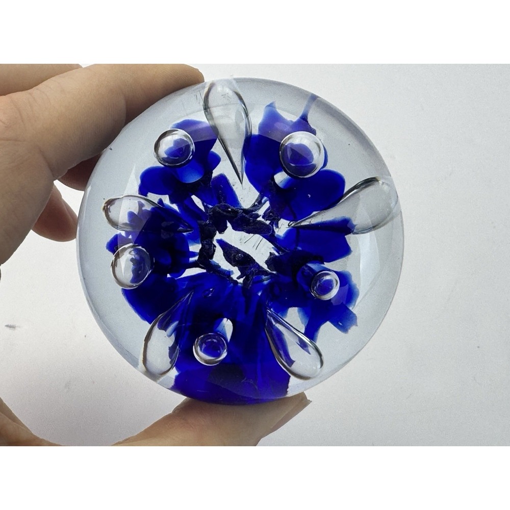 Maude and Bob St. Clair 1971 Blue Floral Paperweight Desk Office Decor
